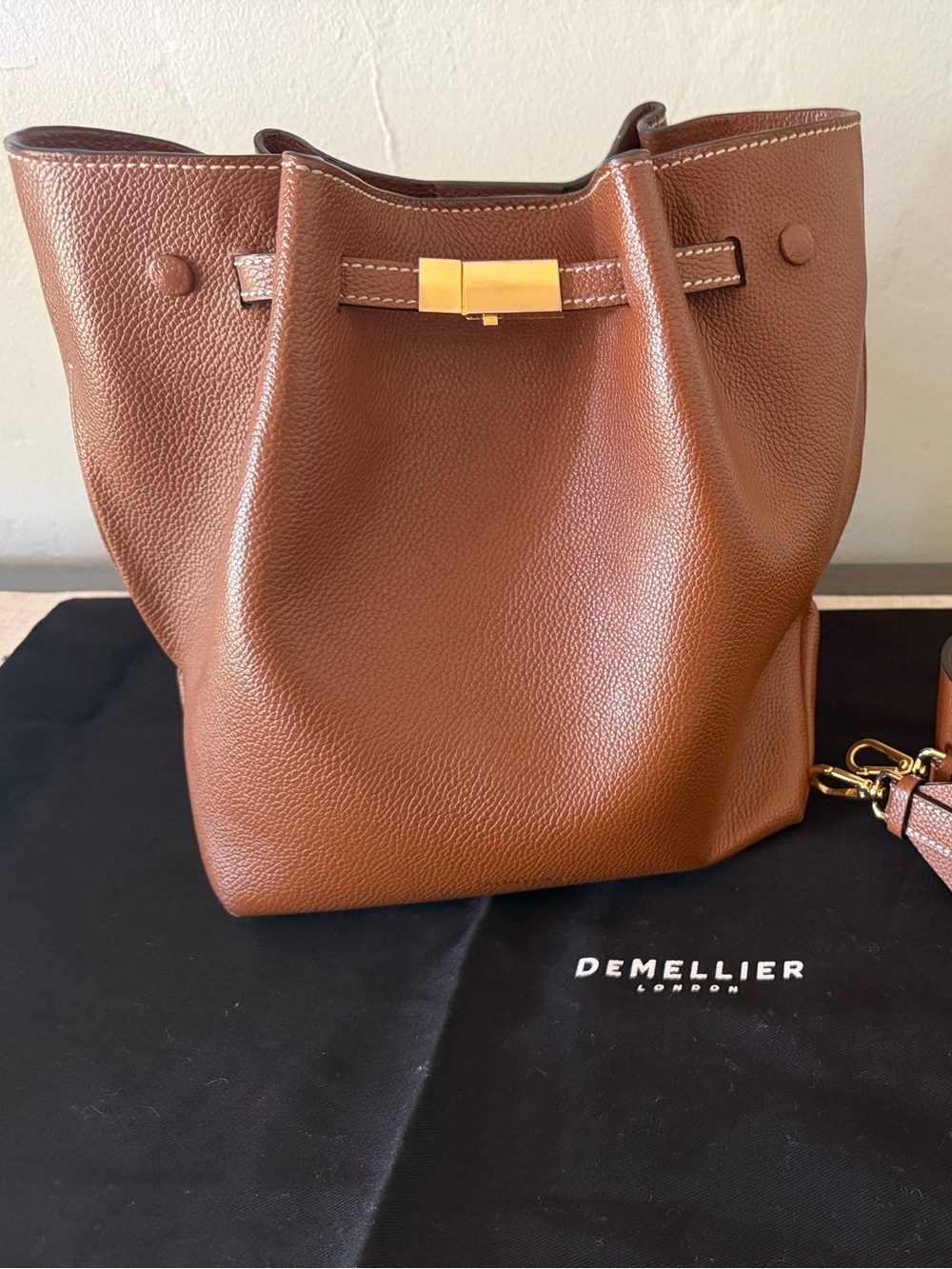 DeMellier Brown Pebbled Leather Bucket Bag with Gold Hardware